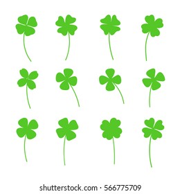 Clover leaf plant icon set. Shamrock symbol for St. Patrick's Day and luck. Vector illustration isolated on white.