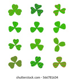 Clover leaf plant icon set. Shamrock symbol for St. Patrick's Day and luck. Vector illustration isolated on white. Flat cartoon design.