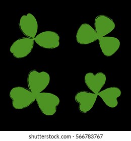 Clover leaf plant icon set. Shamrock symbol for St. Patrick's Day and luck. Trefoil. Hand drawing. Vector illustration isolated