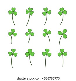 Clover leaf plant icon set. Symbol for St. Patrick's Day and luck. Trefoil. Vector illustration isolated on white.