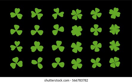 Clover leaf plant icon set. Shamrock symbol for St. Patrick's Day and luck. Vector illustration isolated. Flat cartoon design.
