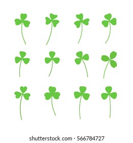 Clover leaf plant icon set. Symbol for St. Patrick's Day and luck. Trefoil. Vector illustration isolated on white.