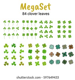 Clover leaf plant icon set. Shamrock symbol for St. Patrick's Day and luck. Vector illustration isolated on white. Flat cartoon design.