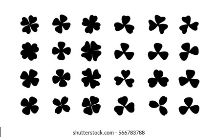 Clover leaf plant icon silhouette set. Shamrock symbol for St. Patrick's Day and luck. Vector illustration isolated on white. Flat cartoon design.