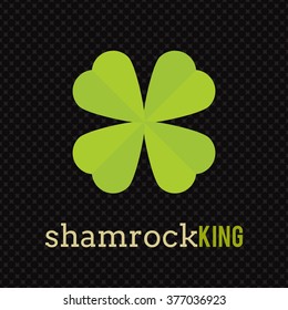 Clover leaf plant logo icon template design. Green shamrock icon logo. Clover concept on black. St. Patrick Day lucky logo isolated on pattern background. Cool simple flat design clover leaf symbol.
