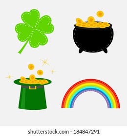 Clover leaf, pot with money, green hat and rainbow. St. Patrick set. Vector illustration.
