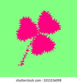 Clover leaf. Quaterfoil. Quatrefoil. Vector. Magenta rough icon on greenish background. Isolated.