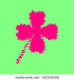 Clover leaf. Quaterfoil. Quatrefoil. Vector. Magenta rough icon on greenish background. Isolated.