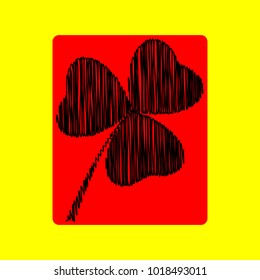 Clover leaf. Quaterfoil. Quatrefoil. Vector. Black scribble icon in red container with rounded corners at yellow background. Isolated.
