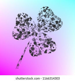 Clover leaf. Quaterfoil. Quatrefoil. Vector. Gray icon with bubbled texture at color background with pink and sky blue corners.