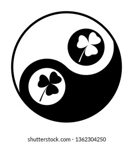 Clover leaf. Quaterfoil. Quatrefoil. Vector. Black and white icon inside circles of yin and yang symbol  at white background.