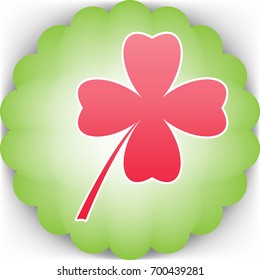 Clover leaf. Quaterfoil. Quatrefoil. Vector. Pinkish icon with white contour on green background which similar to flower.