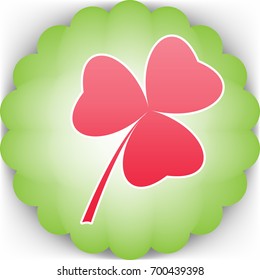 Clover leaf. Quaterfoil. Quatrefoil. Vector. Pinkish icon with white contour on green background which similar to flower.