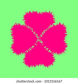 Clover leaf. Quaterfoil. Qutrefoil. Vector. Magenta rough icon on greenish background. Isolated.