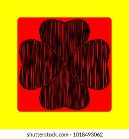 Clover leaf. Quaterfoil. Qutrefoil. Vector. Black scribble icon in red container with rounded corners at yellow background. Isolated.
