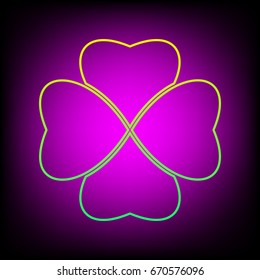 Clover leaf. Quaterfoil. Qutrefoil. Vector. Yellow-green gradient linear icon on magenta light as background