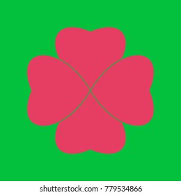 Clover leaf. Quaterfoil. Qutrefoil. Vector. Paradise pink icon on dark pastel green background.