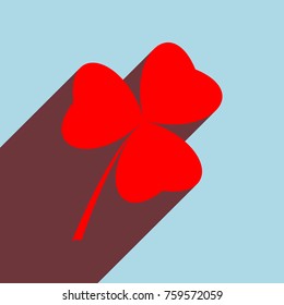 Clover leaf. Quaterfoil. Vector. Red flat icon with infinte wine shadow to left down corner at sky background.