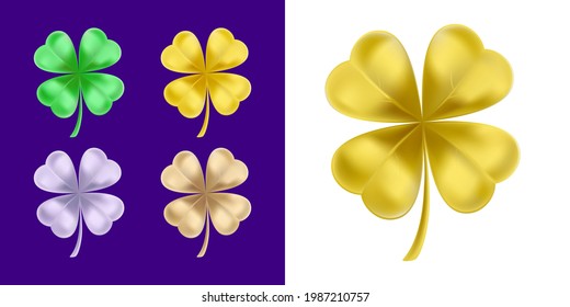 Clover Leaf In Realistic Style. Gold,  Green, Bronze and Lilac Shamrock Jewellery. Beautiful Artwork With Gradient Mesh. 