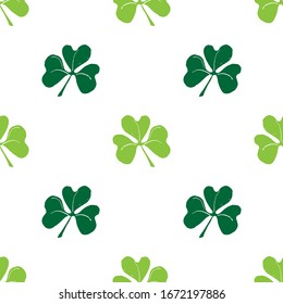 Clover leaf seamless pattern, hand drawn doodle vector illustration. St Patricks Day symbol, Irish lucky shamrock background.