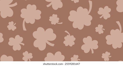 Clover leaf seamless pattern mocha mousse colors, shamrock leaves background for Saint Patrick day. Pastel floral print. Irish texture. Lucky plant bg. Trendy colour 2025 year. Vector illustration