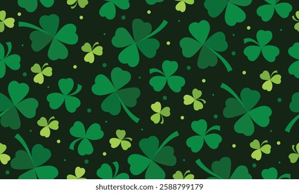 Clover leaf seamless pattern for St. Patrick's Day on dark background. Suitable for covers, wrapping paper, wall art and banner decoration background