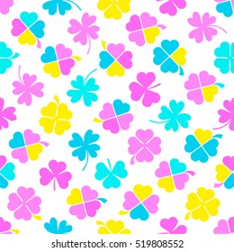Clover leaf seamless vector pattern. Good for textile fabric design, wrapping paper and website wallpapers. Vector illustration. Extremely bright acid colors. Pink, yellow, cyan.