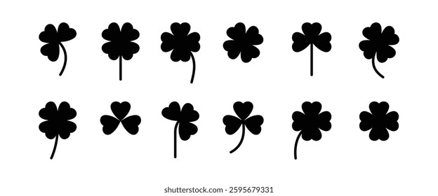 Clover leaf silhouette collection. Set of four and three leaf clovers.Shamrock,  Santa Patrick's day symbol. Green leaves isolated on black background. Vector illustration