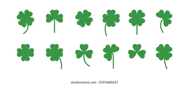 Clover leaf silhouette collection. Set of four and three leaf clovers.Shamrock,  Santa Patrick's day symbol. Green leaves isolated on white background. Vector illustration