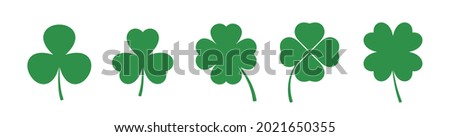 Clover leaf silhouette collection. Set of four and three leaf clovers. Lucky irish sign. Shamrock, trefoil silhouette. Santa Patrick's day symbol. Luck sign. Green leaves. Vector illustration