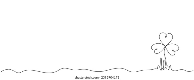 Clover leaf for St. Patricks Day. Long banner with one continuous line drawn background with soil, grass and trefoil leaf.