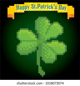 clover leaf. St.Patrick 's Day greteeng card. Pixel art. Old school computer graphic style. Games elements.