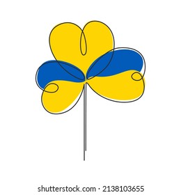 Clover leaf symbol in blue and yellow color of Ukrainian flag. Continuous line drawing of shamrock leaf. Hope and victory for Ukraine concept. Vector illustration isolated on white.