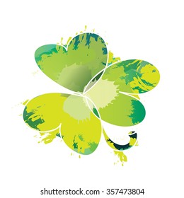 Clover leaf - trefoil - watercolor vector illustration. Blotch grunge clover watercolor style painting. Hand drawn Patrick Day clover - as symbol, emblem, design element. Green clover silhouette.