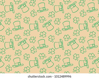 Clover leafs and St. Patrick's hats on light background. St. Patrick's seamless pattern. Vector image