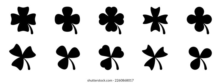 Clover leave icons collection. Flat black clover icons. Clover leaf vector icons. Four leaf clover icons.  Vector EPS 10