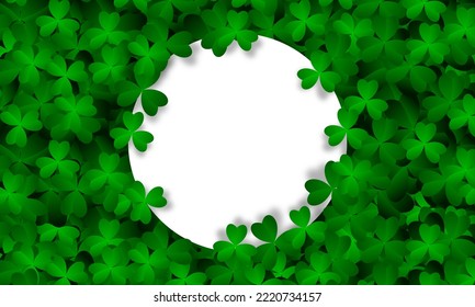 Clover leaves background with blank card. Clover leaves background. Realistic green clovers. Vector illustration