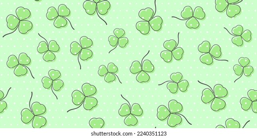 Hojas de trébol con un borde negro sobre un polka verde pálido que da fondo. Textura interminable con shamrock. Patrón de vectores sin fisuras para el Día de San Patricio, papel de envoltura, giftwrap, cubierta y textura de superficie