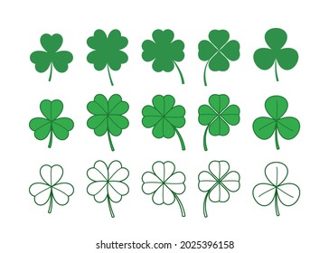 Clover leaves collection. Set of four and three leaf clovers. Silhouette line and flat style. Lucky irish sign. Santa Patrick's day symbol. Luck, luckiness sign. Green leaves. Vector illustration