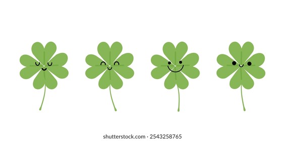 Clover leaves with cute face cartoons icon sign isolated on white background vector. 