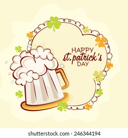 Clover leaves decorated frame with beer mug on yellow background for Happy St. Patrick's Day celebration. 