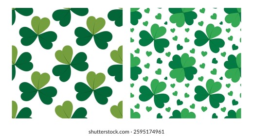 Clover leaves and decorative hearts Seamless Pattern Trefoil and Quatrefoil Abstract Backgrounds Set