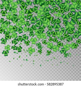 Clover leaves falling from above on a transparent background for a festive design for St. Patricks Day
