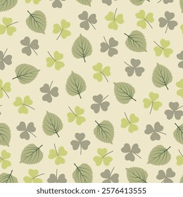 Clover leaves floral seamless pattern. Foliage surface design. Allover print leafy texture of 3 leaf clover leaves on beige color background. 