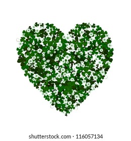 Clover leaves and flowers forming a heart, conceptual graphic for St. Patrick's Day holiday. Isolated and grouped objects over white background