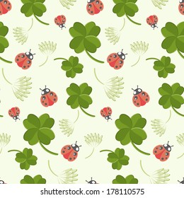 Clover leaves and flowers with ladybird seamless pattern