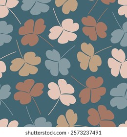 Clover leaves foliage seamless pattern. Allover print floral leafy texture of 3 leaf clover leaves on blue bayoux color background.