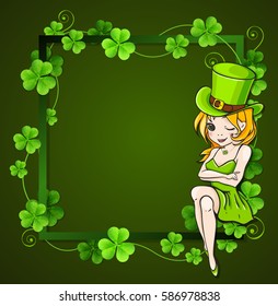 Clover leaves and girl in frame on a green background. Design for St. Patrick's day.