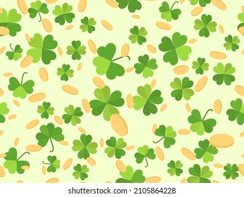 Clover leaves with gold coins seamless pattern. St. Patrick's Day, Irish holiday. Festive background for advertising products, wrapping paper and greeting card. Vector illustration