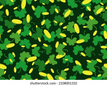 Clover leaves with gold coins seamless pattern. St. Patrick's Day, Irish holiday. Festive background for advertising products, wrapping paper and greeting card. Vector illustration